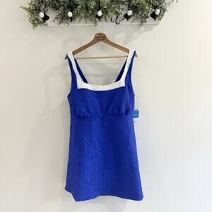 Lands' End Women's Texture Square Neck Swim Dress Plus Size 2X New SH Blue White